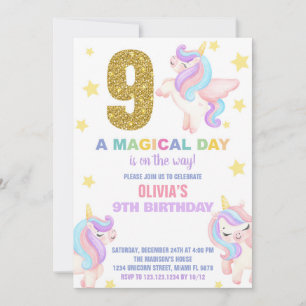 9e Rainbow Unicorn Verjaardag Uitnodigingen Vliege
