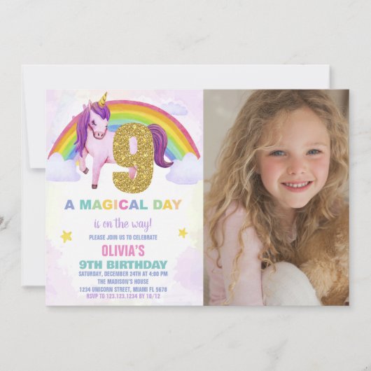9e Rainbow Unicorn Verjaardag Uitnodigingen w foto (Voorkant)