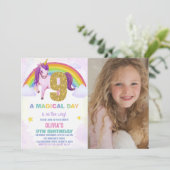 9e Rainbow Unicorn Verjaardag Uitnodigingen w foto (Staand voorkant)