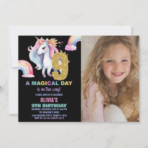 9e Rainbow Unicorn Verjaardag Uitnodigingen w foto