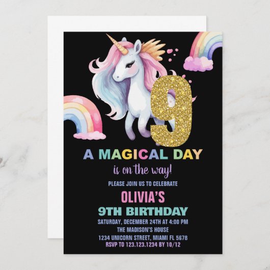 9e Rainbow Unicorn Verjaardag Uitnodigingen Waterc (Voorkant / Achterkant)