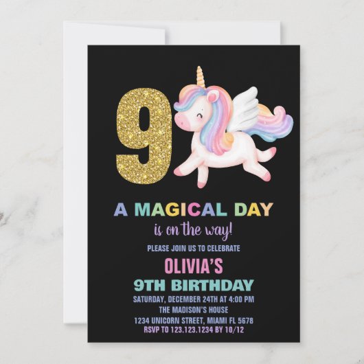 9e Rainbow Unicorn Verjaardag Uitnodigingen Zwart (Voorkant)