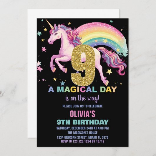 9e Unicorn Verjaardag Uitnodigingen Zwart (Voorkant / Achterkant)