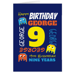 9e verjaardag aangepaste naam gele blauwe pixel ga