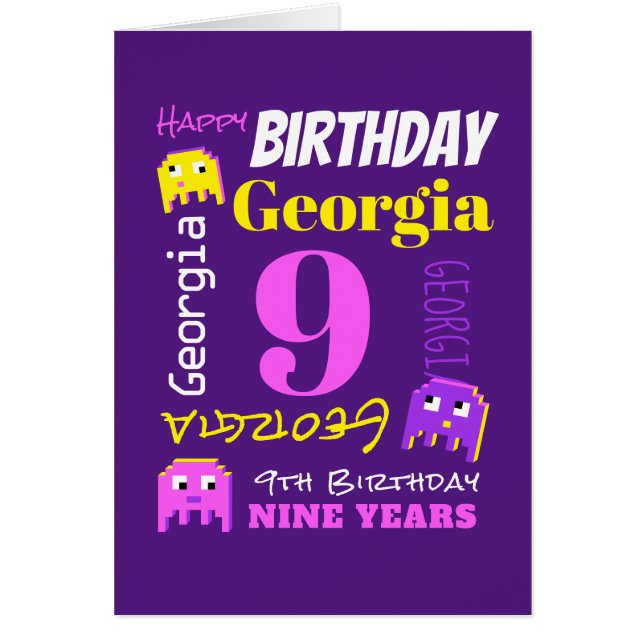 9e verjaardag aangepaste naam gele roze pixelgame (Voorkant)