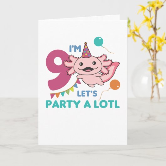 9e verjaardag Axolotl Negen jaar oude Cute Axolotl Kaart (Gele Bloem)