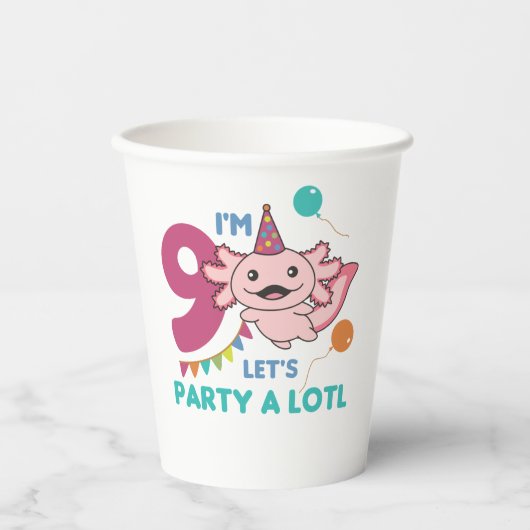 9e verjaardag Axolotl Negen jaar oude Cute Axolotl Papieren Bekers (Voorkant)