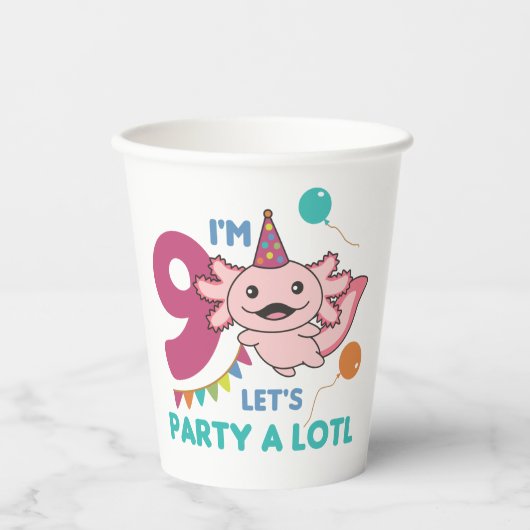 9e verjaardag Axolotl Negen jaar oude Cute Axolotl Papieren Bekers (Voorkant)