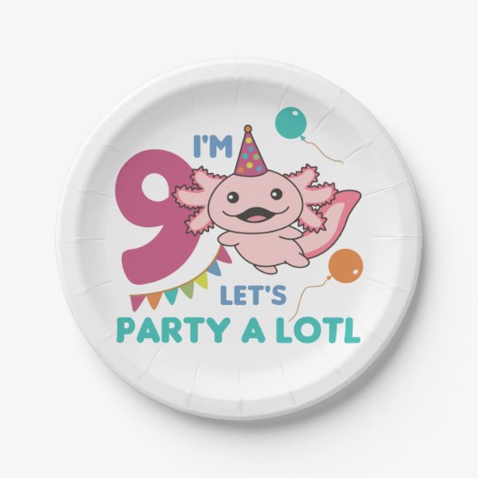 9e verjaardag Axolotl Negen jaar oude Cute Axolotl Papieren Bordje (Voorkant)