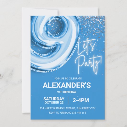 9e verjaardag ballon jongen blauw neon kaart (Voorkant)