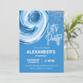 9e verjaardag ballon jongen blauw neon kaart (Staand voorkant)