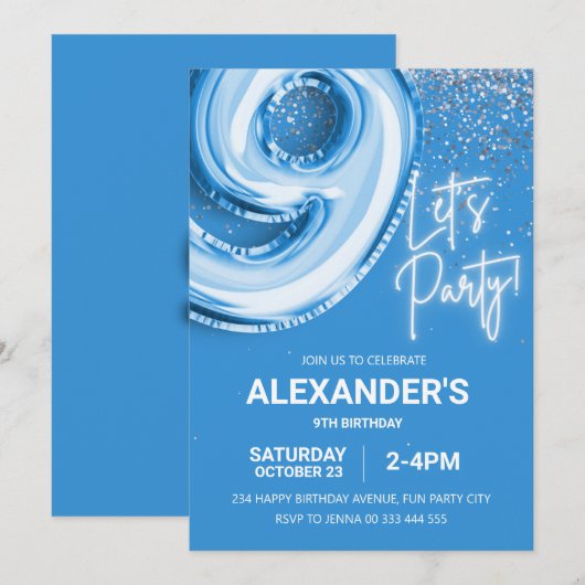 9e verjaardag ballon jongen blauw neon kaart (Voorkant / Achterkant)