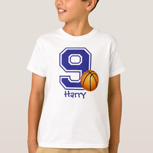9e verjaardag basketbal gepersonaliseerd t-shirt (Voorkant)