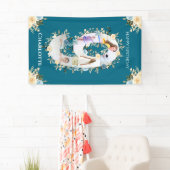 9e verjaardag Blauwgroen bloem Foto Collage Blauw  Spandoek (Insitu)