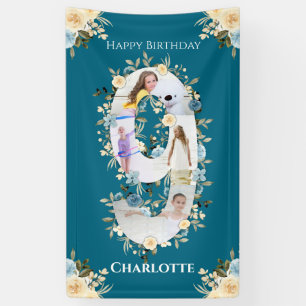 9e verjaardag Blauwgroen bloem Foto Collage Blauw  Spandoek