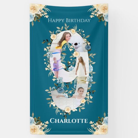 9e verjaardag Blauwgroen bloem Foto Collage Blauw  Spandoek (Verticaal)