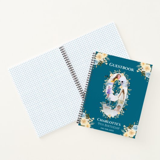 9e verjaardag Blauwgroen Bloem Foto Geel Gastboek Notitieboek (Binnen)