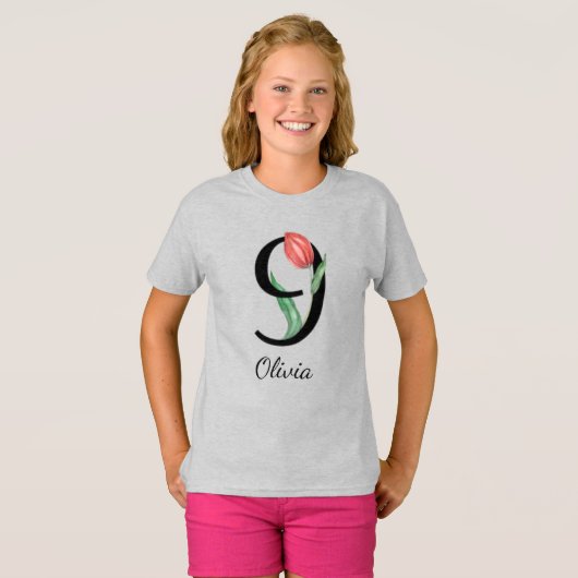 9e verjaardag bloem persoonlijk naam T-shirt (Voorkant volledig)