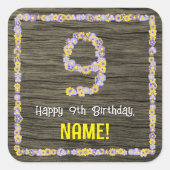 9e verjaardag: Bloemennummer, Faux Wood Look, Naam Vierkante Sticker (Voorkant)