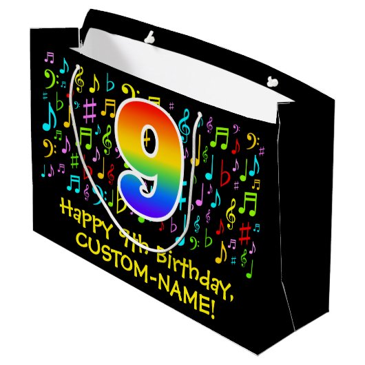 9e verjaardag - Colorful Music Symbols, Regenboog  Groot Cadeauzakje (Achterkant Gekanteld)