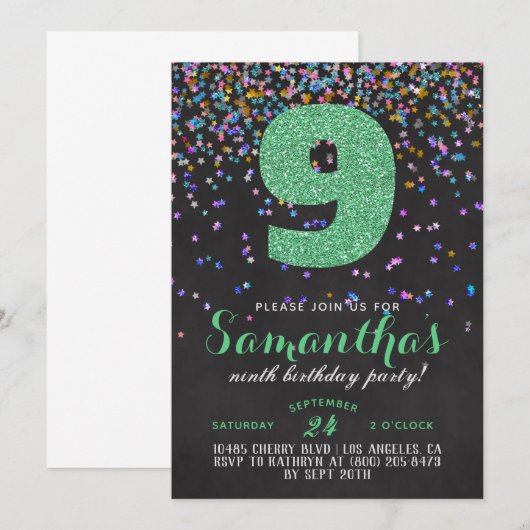 9e Verjaardag Confetti Uitnodiging (Voorkant / Achterkant)