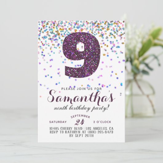 9e Verjaardag Confetti Uitnodiging (Staand voorkant)
