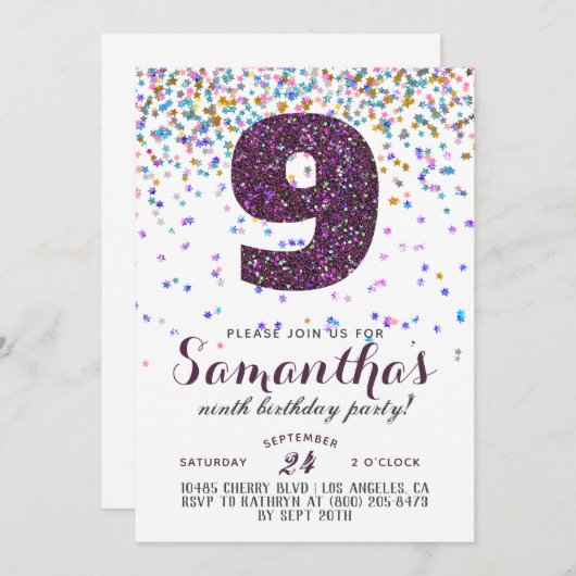 9e Verjaardag Confetti Uitnodiging (Voorkant / Achterkant)