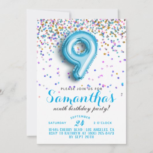9e Verjaardag Confetti Uitnodiging (Voorkant)