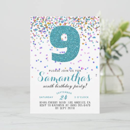 9e Verjaardag Confetti Uitnodiging (Staand voorkant)