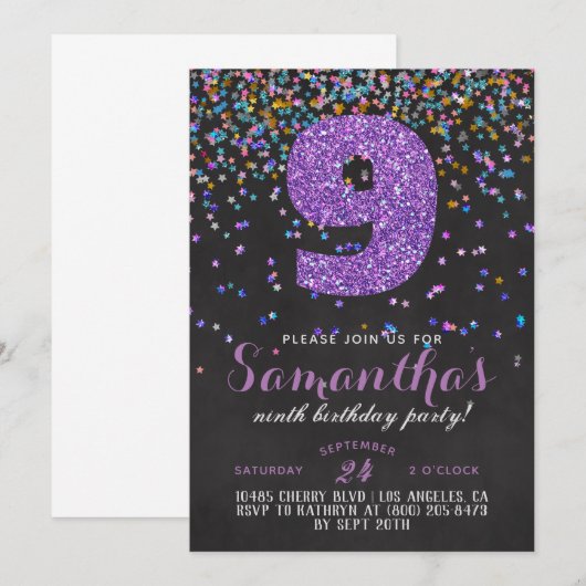 9e Verjaardag Confetti Uitnodiging (Voorkant / Achterkant)