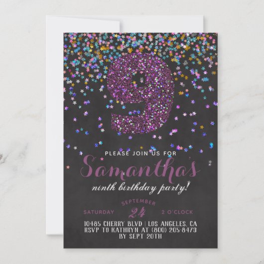 9e Verjaardag Confetti Uitnodiging (Voorkant)