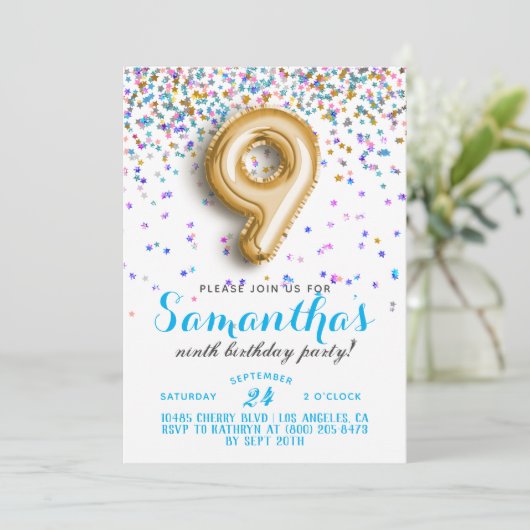 9e Verjaardag Confetti Uitnodiging (Staand voorkant)