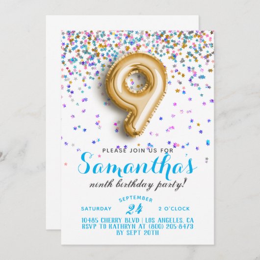 9e Verjaardag Confetti Uitnodiging (Voorkant / Achterkant)