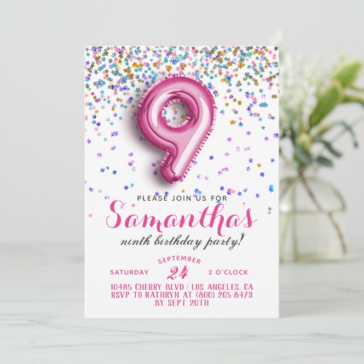 9e Verjaardag Confetti Uitnodiging (Staand voorkant)