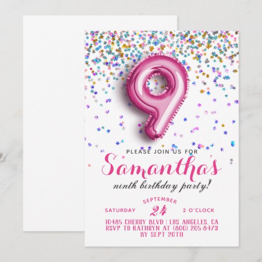 9e Verjaardag Confetti Uitnodiging (Voorkant / Achterkant)