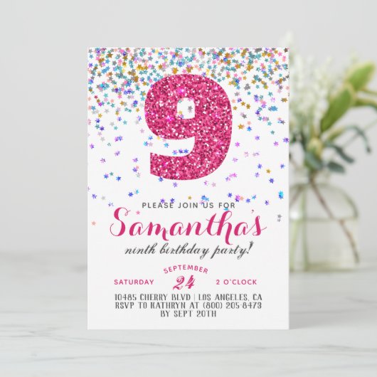 9e Verjaardag Confetti Uitnodiging (Staand voorkant)