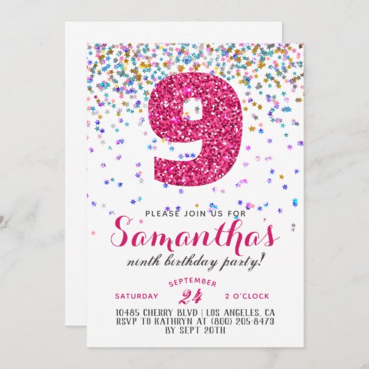 9e Verjaardag Confetti Uitnodiging (Voorkant / Achterkant)