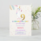 9e Verjaardag Eenhoorn Verjaardag Uitnodigingen (Staand voorkant)