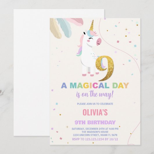 9e Verjaardag Eenhoorn Verjaardag Uitnodigingen (Voorkant / Achterkant)