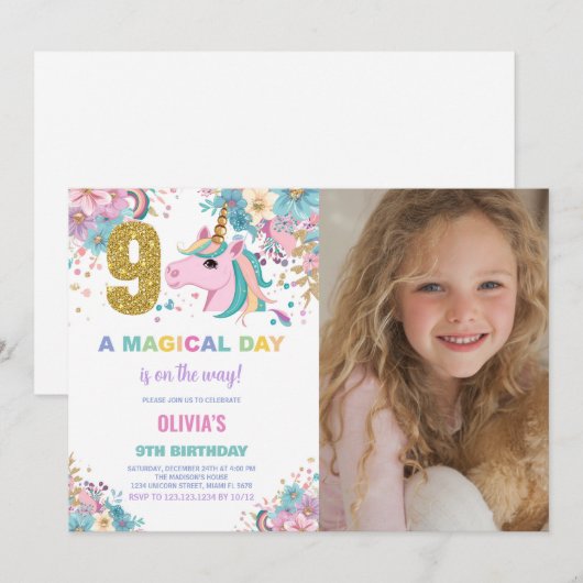 9e Verjaardag Eenhoorn Verjaardag Uitnodigingen fo (Voorkant / Achterkant)