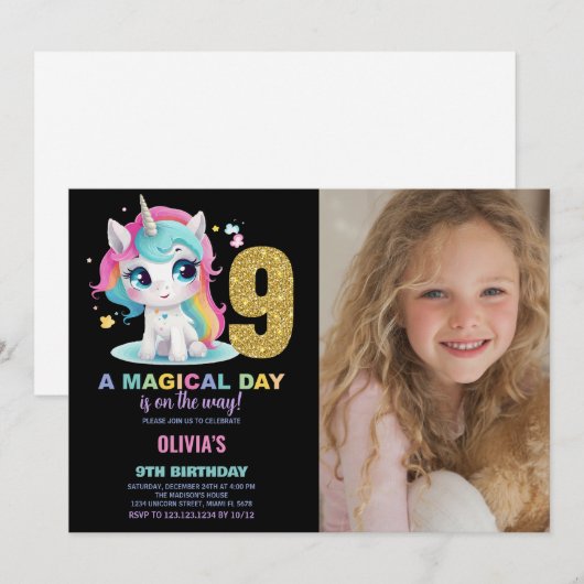 9e Verjaardag Eenhoorn Verjaardag Uitnodigingen fo (Voorkant / Achterkant)