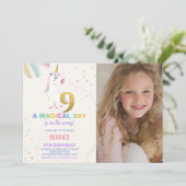 9e Verjaardag Eenhoorn Verjaardag Uitnodigingen w  (Staand voorkant)