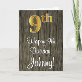 9e verjaardag: Elegant Faux Gold Kijk #, Faux Wood Kaart (Voorkant)