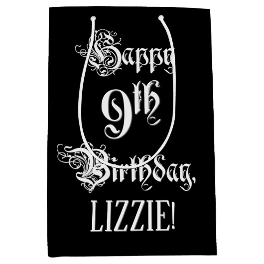 9e verjaardag: Fancy, elegant script + aangepaste  Medium Cadeauzakje (Voorkant)
