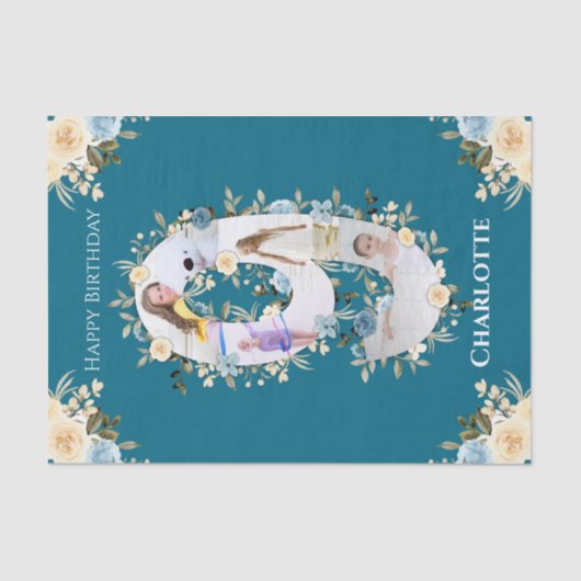 9e verjaardag Foto Collage Blauwgroen Blauwe Gele  Tissuepapier (Voorkant)