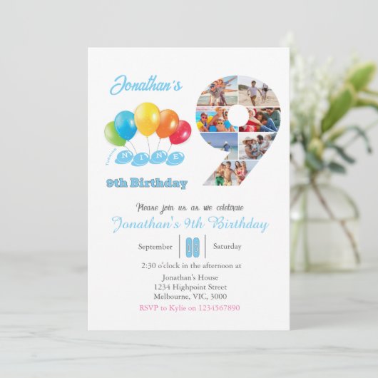 9e verjaardag foto collage nummer 9 Jongen Kaart (Staand voorkant)