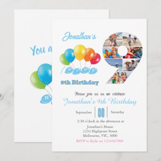 9e verjaardag foto collage nummer 9 Jongen Kaart (Voorkant / Achterkant)