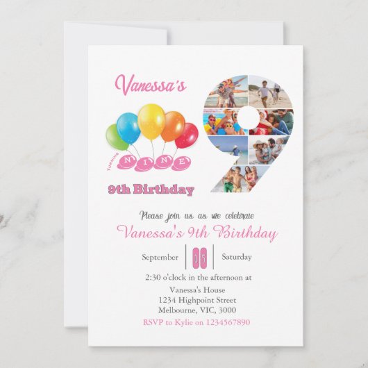 9e verjaardag foto collage nummer 9 Meisje Kaart (Voorkant)