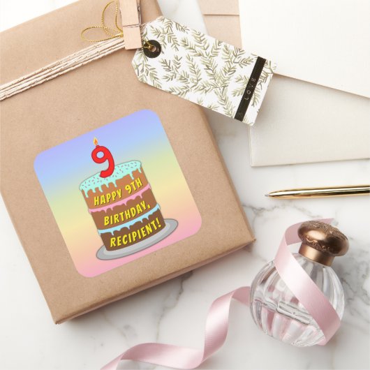 9e verjaardag: Fun Cake en Candle + Custom Name Vierkante Sticker (Geschenken)