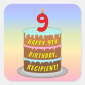 9e verjaardag: Fun Cake en Candle + Custom Name Vierkante Sticker (Voorkant)